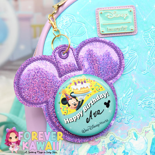Purple Glitter Holographic Vinyl - Mouse Backer Keychain for 3” Celebration Buttons - Badge Holder - Backpack Charm - Theme Park