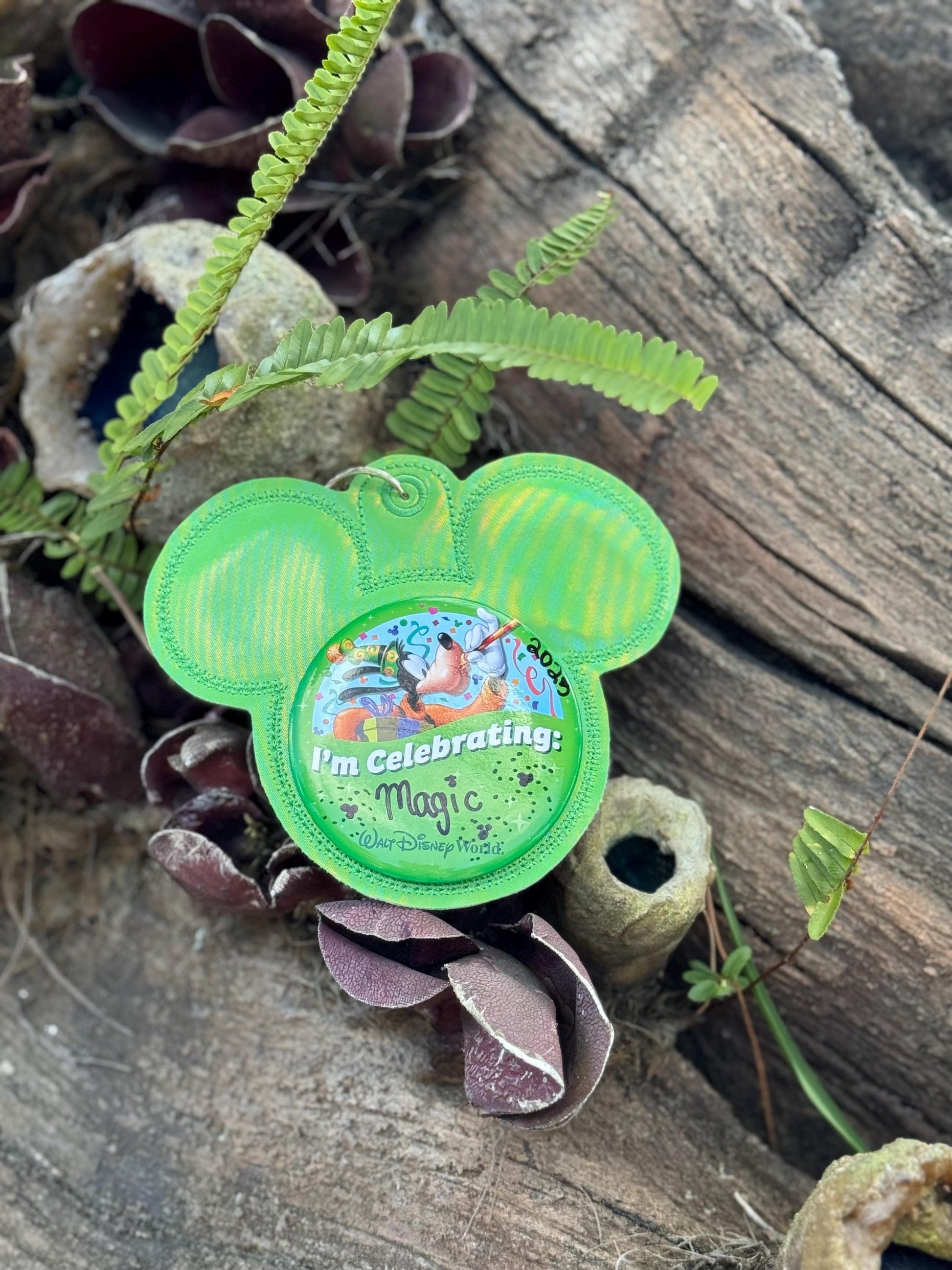 Green Holographic Mouse Backer Keychain for 3” Celebration Buttons - Embroidered Badge Holder - Backpack Charm - Theme Park Accessory