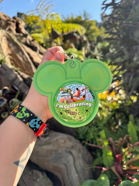 Green Holographic Mouse Backer Keychain for 3” Celebration Buttons - Embroidered Badge Holder - Backpack Charm - Theme Park Accessory