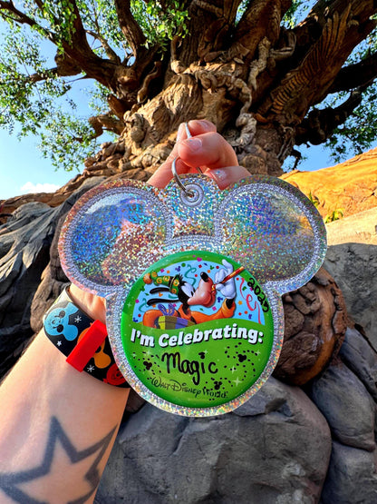 Silver Glitter Vinyl - Mouse Backer Keychain for 3” Celebration Buttons - Embroidered Badge Holder - Backpack Charm - Theme Park Accessory