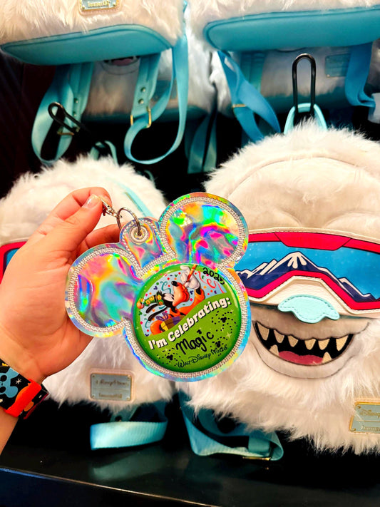 Silver Holographic Vinyl - Mouse Backer Keychain for 3” Celebration Buttons - Badge Holder - Backpack Charm - Theme Park Accessory