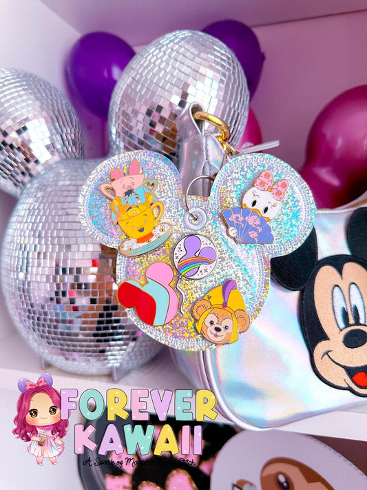 Iridescent Rainbow Holographic Pin Trading Keychain – Embroidered Pin Holder with Cork Backing for Enamel Pins - Theme Park Pin Trading