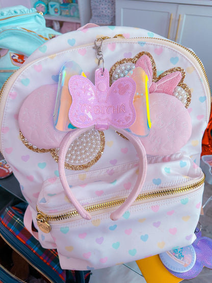 Personalized Mouse Ear Holder – Pink Bow with Pink Stitching – Mickey Ears Hanger for Park Bags – Disney Travel Gift – Ear Headband Clip