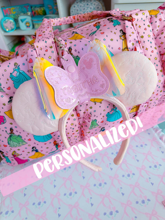 Personalized Mouse Ear Holder – Pink Bow with Pink Stitching – Mickey Ears Hanger for Park Bags – Disney Travel Gift – Ear Headband Clip