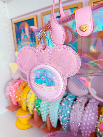 Baby Pink Iridescent Vinyl - Mouse Backer Keychain for 3” Celebration Buttons - Badge Holder - Backpack Charm - Theme Park Accessory
