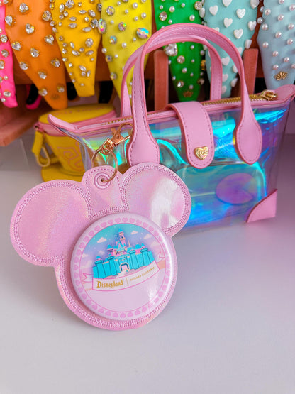 Baby Pink Iridescent Vinyl - Mouse Backer Keychain for 3” Celebration Buttons - Badge Holder - Backpack Charm - Theme Park Accessory
