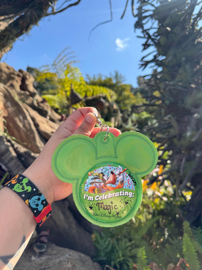 Green Holographic Mouse Backer Keychain for 3” Celebration Buttons - Embroidered Badge Holder - Backpack Charm - Theme Park Accessory