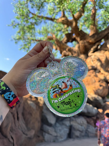 Silver Glitter Vinyl - Mouse Backer Keychain for 3” Celebration Buttons - Embroidered Badge Holder - Backpack Charm - Theme Park Accessory