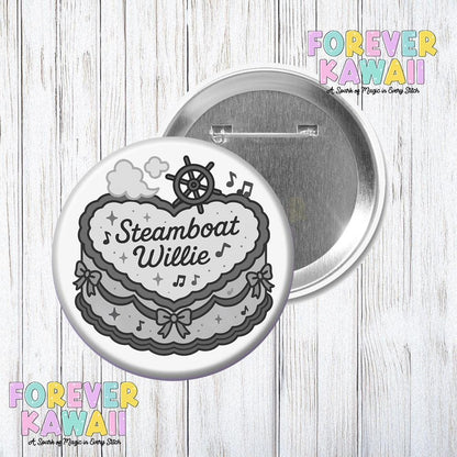 Steamboat Willie Cake - Celebration Pinback Button - Coquette Park Day - Handcrafted Magic Button