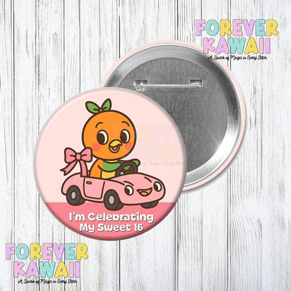 Orange Bird Car Birthday Button – Sweet 16 Celebration Pin – Disney Trip Button – Park Birthday Gift – 3" Magical Vacation Badge