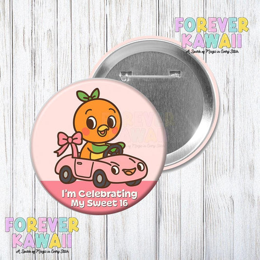 Orange Bird Car Birthday Button – Sweet 16 Celebration Pin – Disney Trip Button – Park Birthday Gift – 3" Magical Vacation Badge