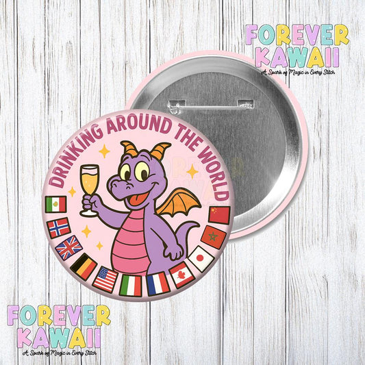 Drinking Around the World Button – Figment Inspired EPCOT Pin – Cute 3" Adult Disney Trip Badge – Park Drinking Pin