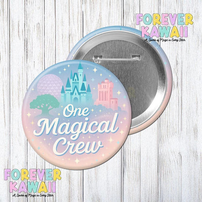 One Magical Crew Celebration Pinback Button – Pastel Park Trip 3" Pin – Family or Friends Vacation Badge – Cute Matching Group Button