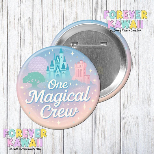 One Magical Crew Celebration Pinback Button – Pastel Park Trip 3" Pin – Family or Friends Vacation Badge – Cute Matching Group Button