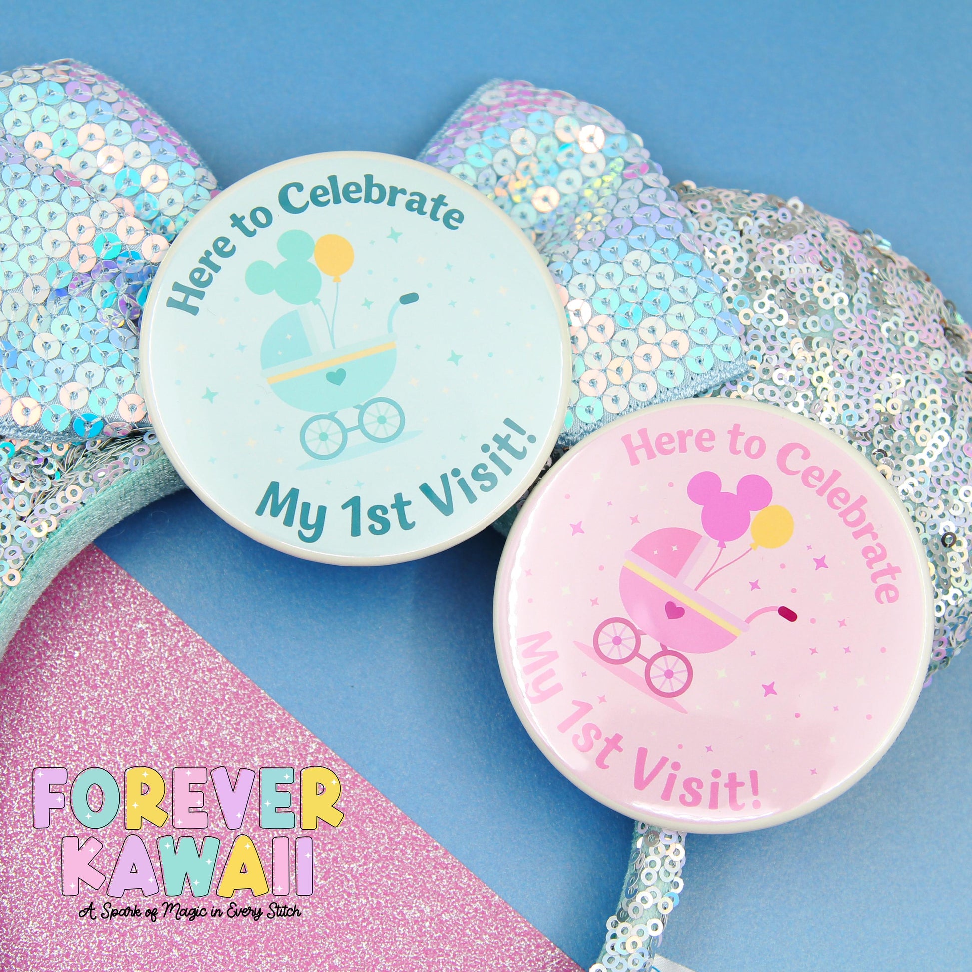 Baby’s First Visit Celebration Pinback Button – Pink or Blue - 3" Celebration Pin – Theme Park Trip Keepsake – Cute Baby Memory Badge