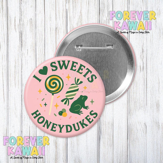 I Love Sweets Button – Pink Candy Shop Inspired Pin – Whimsical Wizard Treat Badge – 3" Fandom Flair for Fans & Foodies