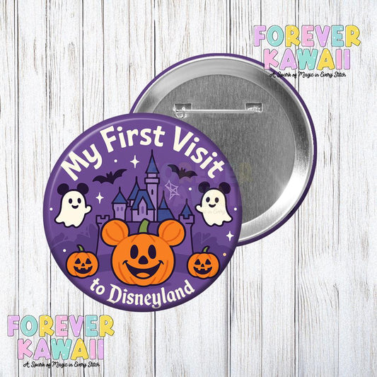 My First Visit to Disneyland Button - Halloween Edition - Pumpkin Mickey Celebration Pin - Disney Park Halloween Trip Keepsake