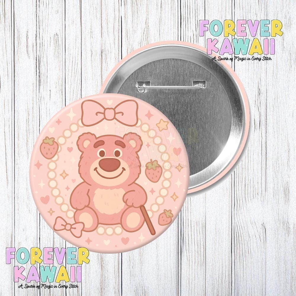 Strawberry Bear Button – Coquette – Pink Kawaii 3" Celebration Pin – Cute Pastel Bear Badge for Park Trips, Bags & Jackets