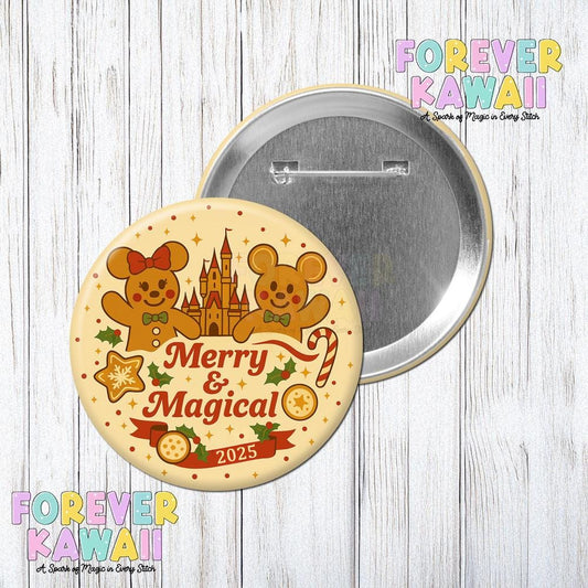 Merry & Magical 2025 Holiday Button – Gingerbread Cookie Castle 3" Pin – Christmas Park Trip Badge – Cute Festive Family Keepsake
