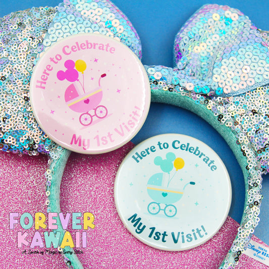 Baby’s First Visit Celebration Pinback Button – Pink or Blue - 3" Celebration Pin – Theme Park Trip Keepsake – Cute Baby Memory Badge