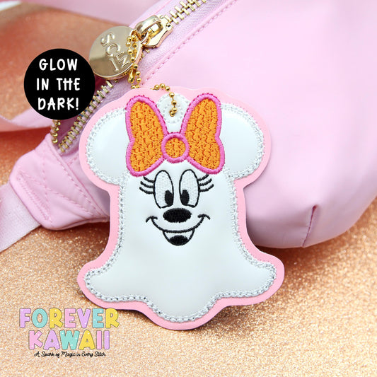 Pink Ghost Girl Bag Charm – Halloween Mouse-Inspired Keychain with Ball Chain Clasp