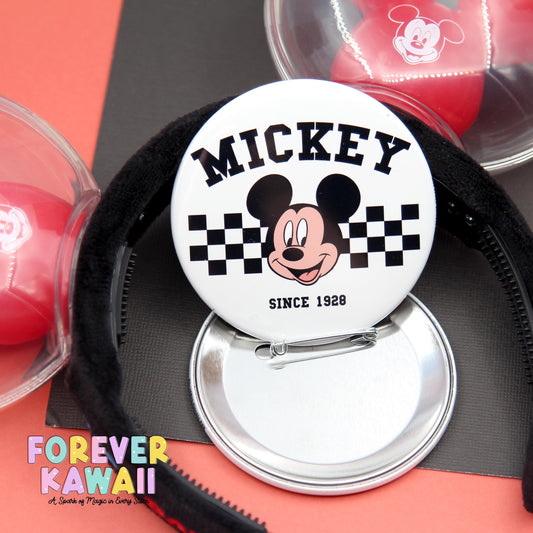 3" Celebration Button – Black and White Checker Retro Park Pin – Matching Keychain Holder – Park Outfit Accessory – Vacation Souvenir