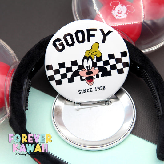 3" Celebration Button – Black and White Checker Retro Park Pin – Matching Keychain Holder – Park Outfit Accessory – Vacation Souvenir