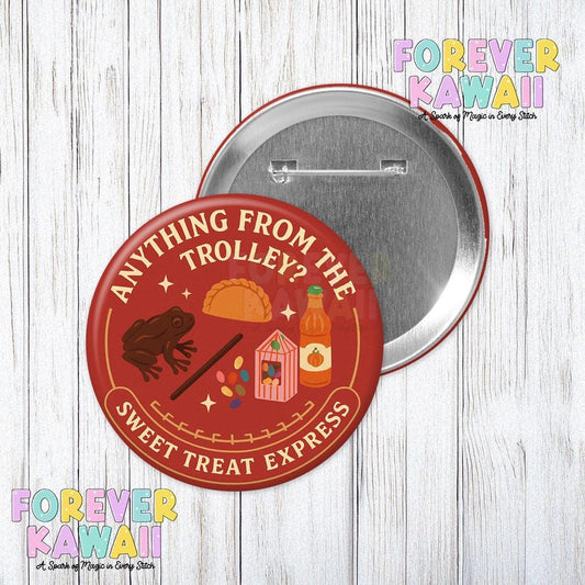 Wizard Trolley Treats Button – Sweet Treat Express 3" Pin – Magical Fandom Snack Badge – Candy Cart Inspired Gift