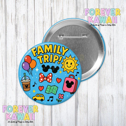 Family Trip Button – Cute Vacation Flair for Matching Outfits – Kawaii Travel Pin – Park Day Badge – 3" Colorful Road Trip Button