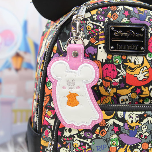 Pink & White Ghost Mouse Keychain with Pumpkin – Sparkly Vinyl Bag Charm