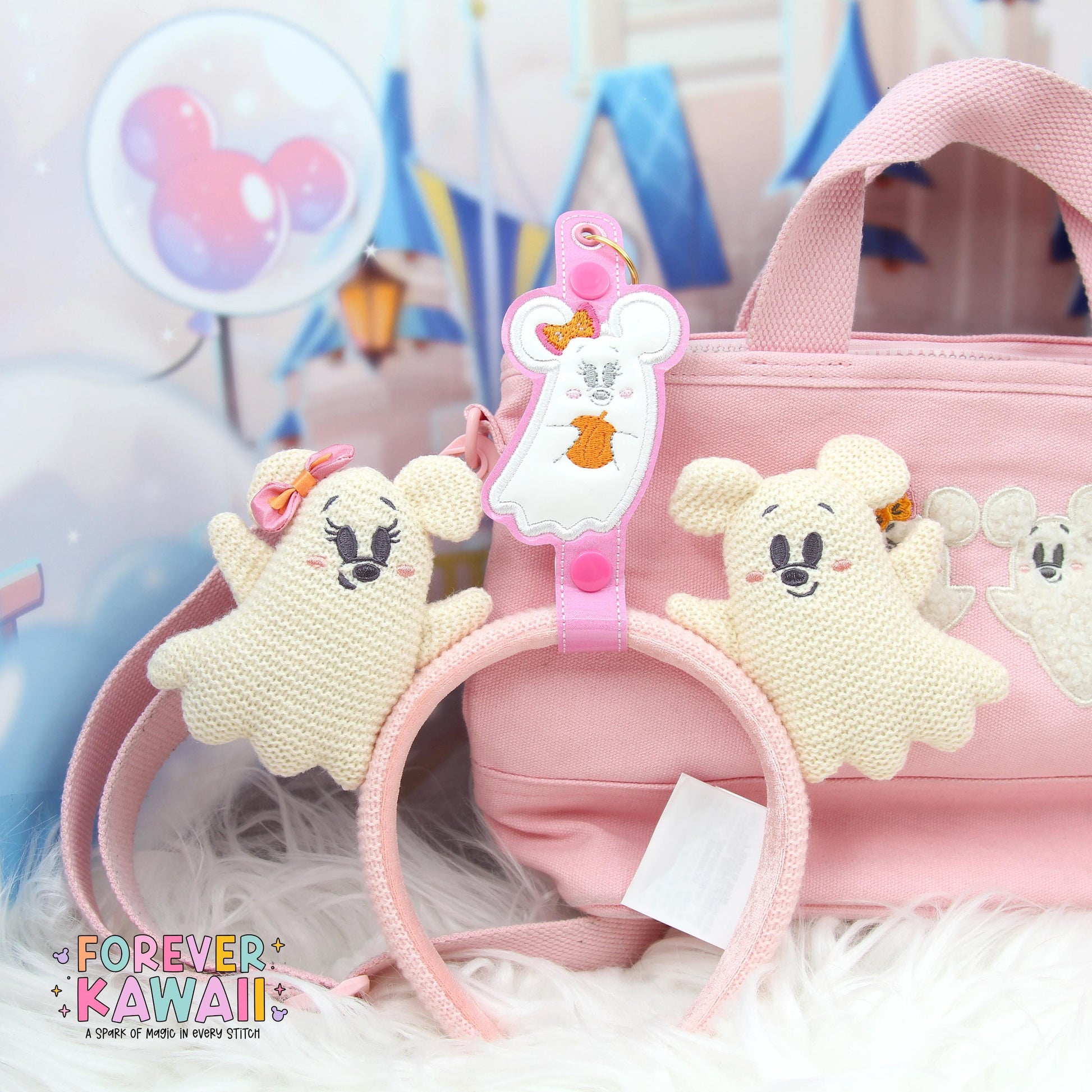 Minnie Ghost Ear Holder Keychain – Pink Sparkle Mouse-Shaped Park Ears & Button Accessory