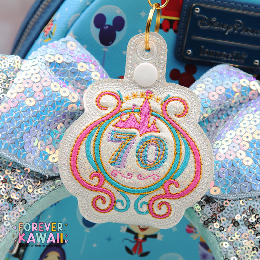 Disneyland 70th Anniversary Ear Holder Keychain – Sparkly Castle Embroidered Park Ears Accessory
