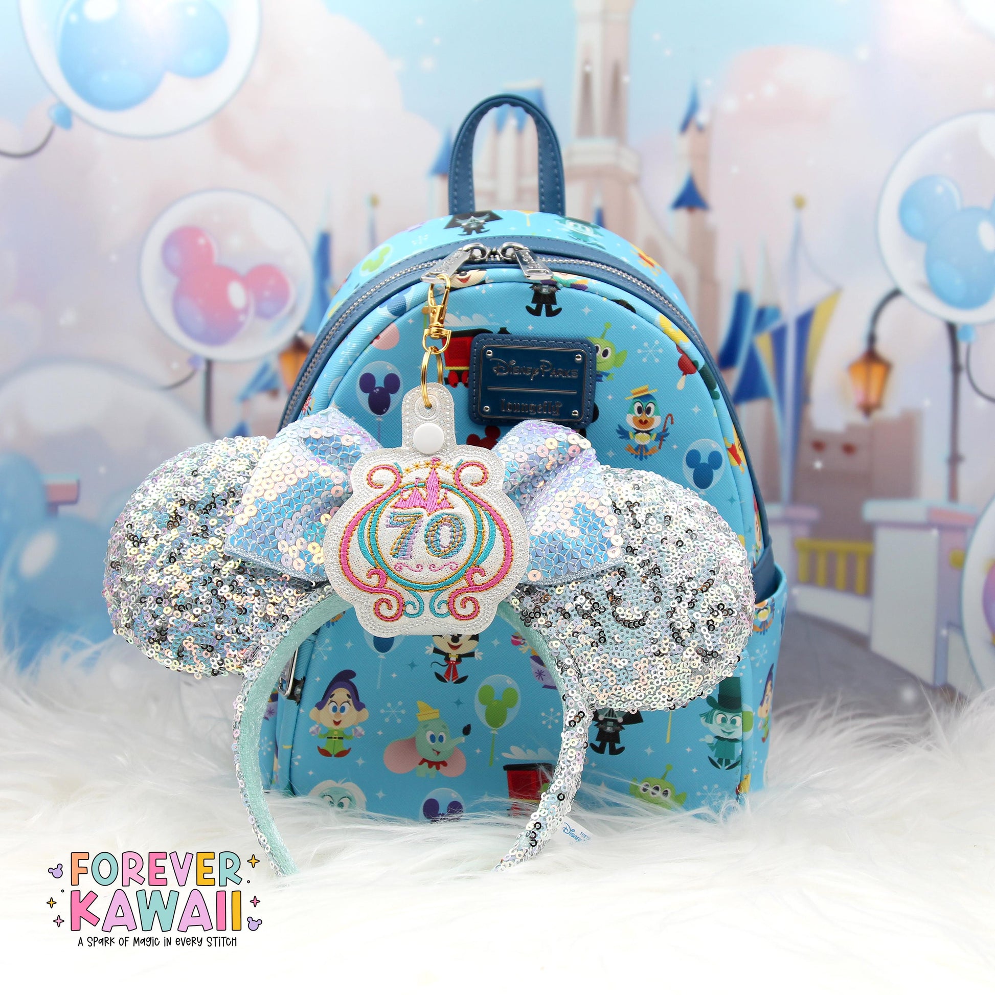 Disneyland 70th Anniversary Ear Holder Keychain – Sparkly Castle Embroidered Park Ears Accessory