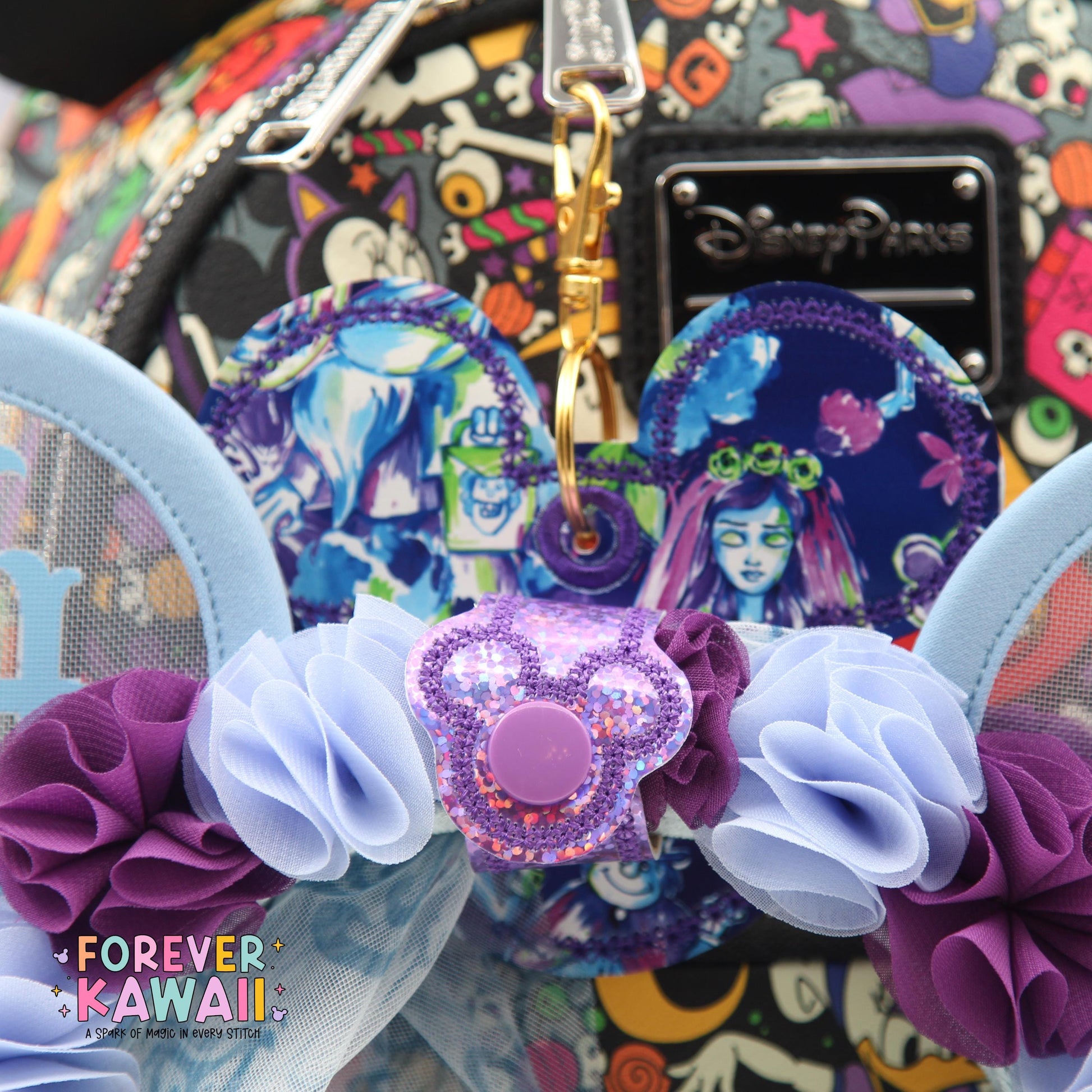 Designer Inspired Haunted Mansion Ear Holder – Glitter Sparkle Vinyl Park Ears Clip, Spooky Floral Bag Charm, Ghost Host Ear Accessory