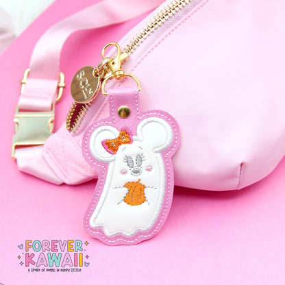 Girl Mouse Ghost Bag Charm – Pink Sparkle Halloween Keychain for Park Bags, Backpacks, and More