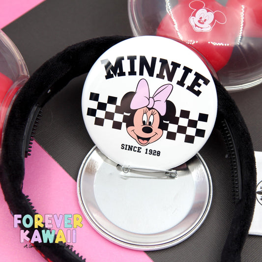 3" Celebration Button – Black and White Checker Retro Park Pin – Matching Keychain Holder – Park Outfit Accessory – Vacation Souvenir