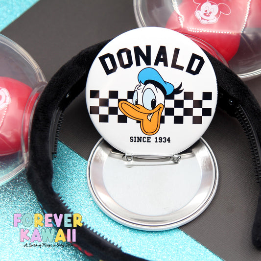 3" Celebration Button – Black and White Checker Retro Park Pin – Matching Keychain Holder – Park Outfit Accessory – Vacation Souvenir