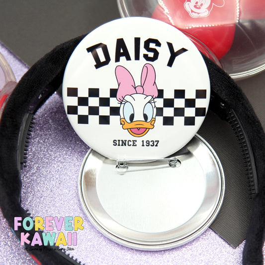 3" Celebration Button – Black and White Checker Retro Park Pin – Matching Keychain Holder – Park Outfit Accessory – Vacation Souvenir