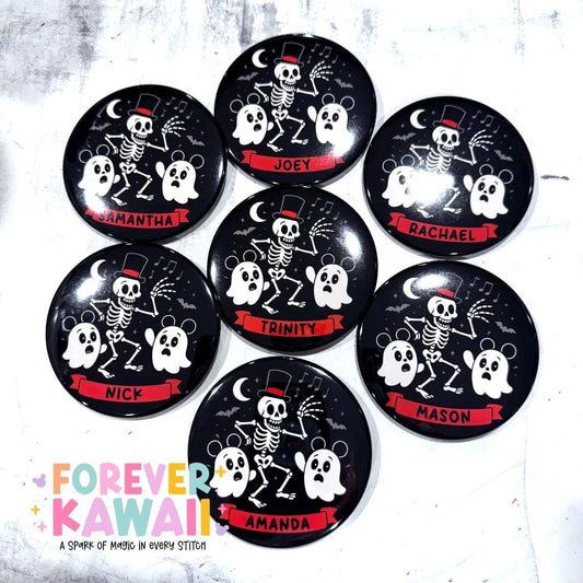 Skeleton Dance Ghost Celebration Button – Personalized Park Day Pin, Halloween Party, Kawaii Badge, Custom Name Souvenir - Disney Button