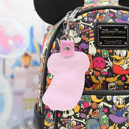 Pink & White Ghost Mouse Keychain with Pumpkin – Sparkly Vinyl Bag Charm