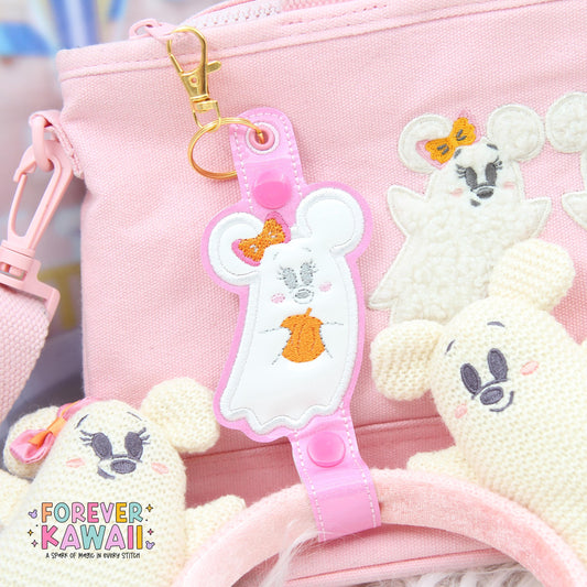 Minnie Ghost Ear Holder Keychain – Pink Sparkle Mouse-Shaped Park Ears & Button Accessory