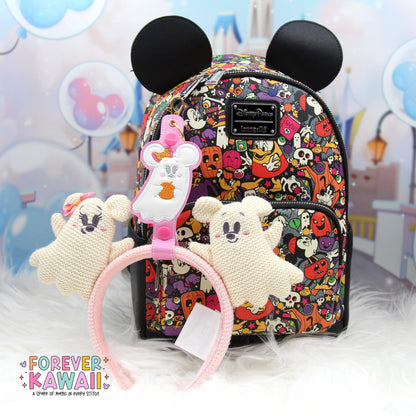 Minnie Ghost Ear Holder Keychain – Pink Sparkle Mouse-Shaped Park Ears & Button Accessory
