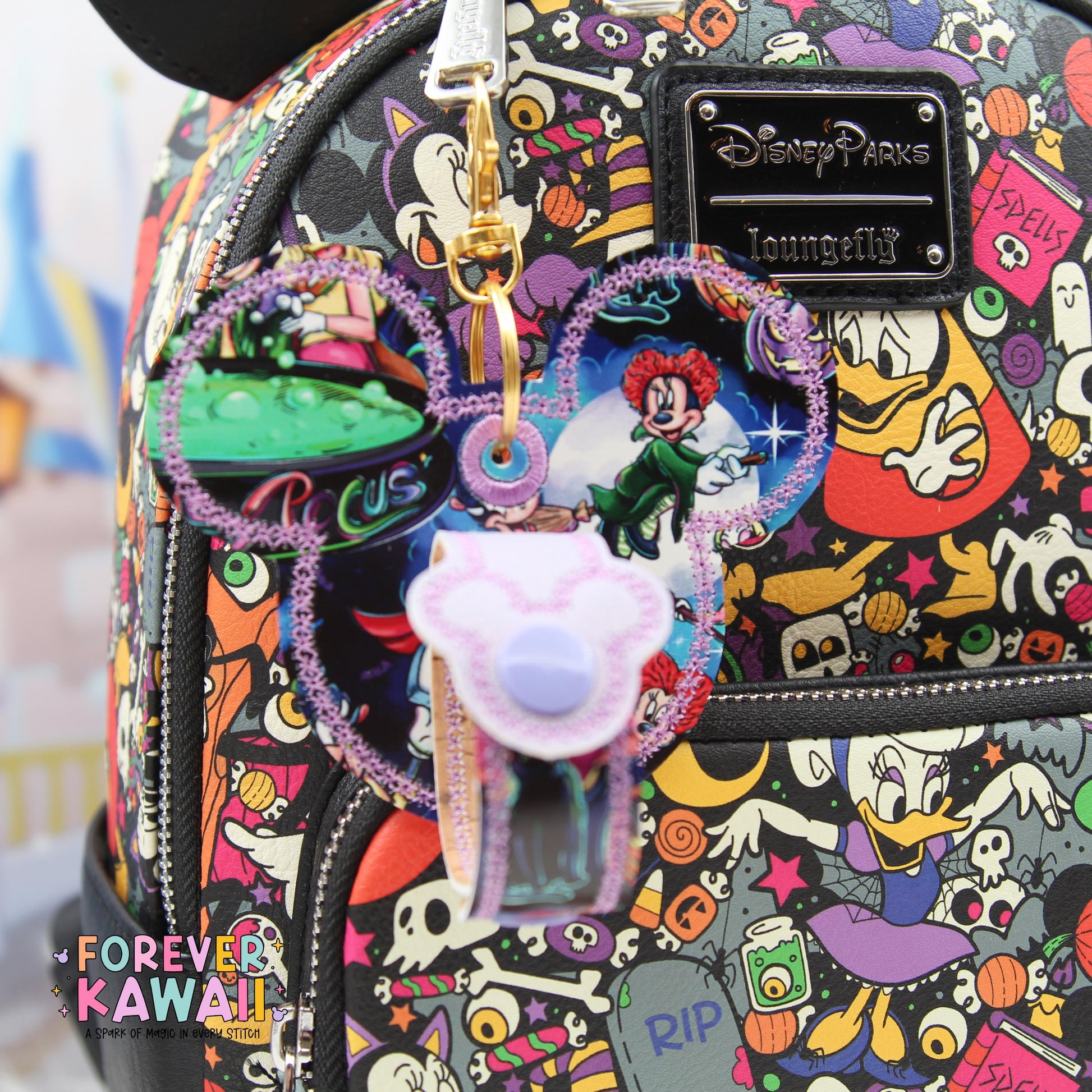 Halloween Witch Trio Ear Holder – Park Ears Holder Keychain, Glitter Vinyl Bag Charm, Spooky Season Accessory for Travel