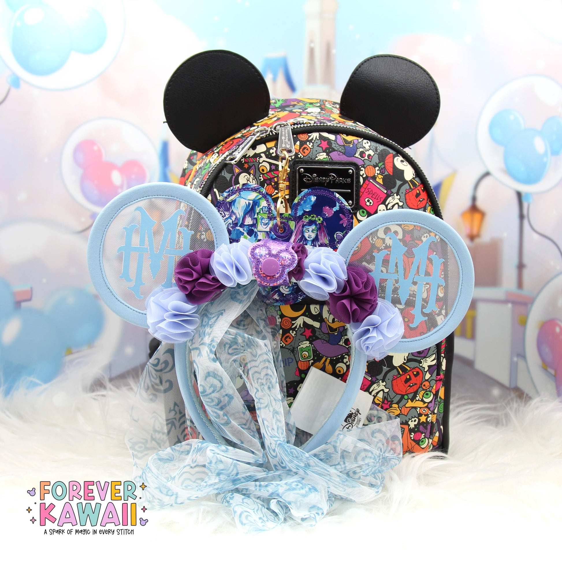 Designer Inspired Haunted Mansion Ear Holder – Glitter Sparkle Vinyl Park Ears Clip, Spooky Floral Bag Charm, Ghost Host Ear Accessory
