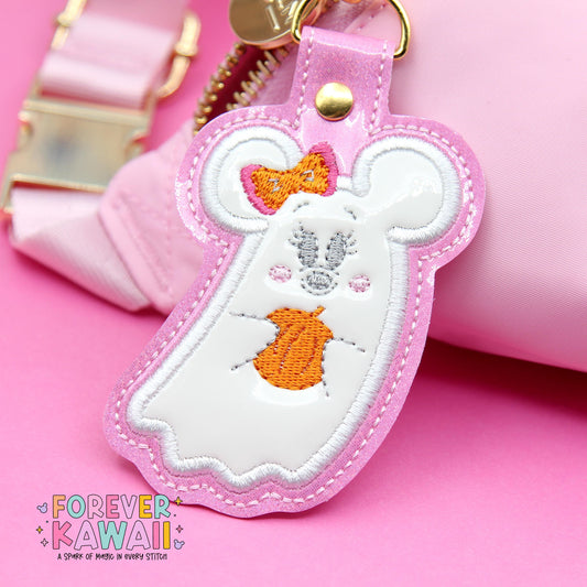 Girl Mouse Ghost Bag Charm – Pink Sparkle Halloween Keychain for Park Bags, Backpacks, and More