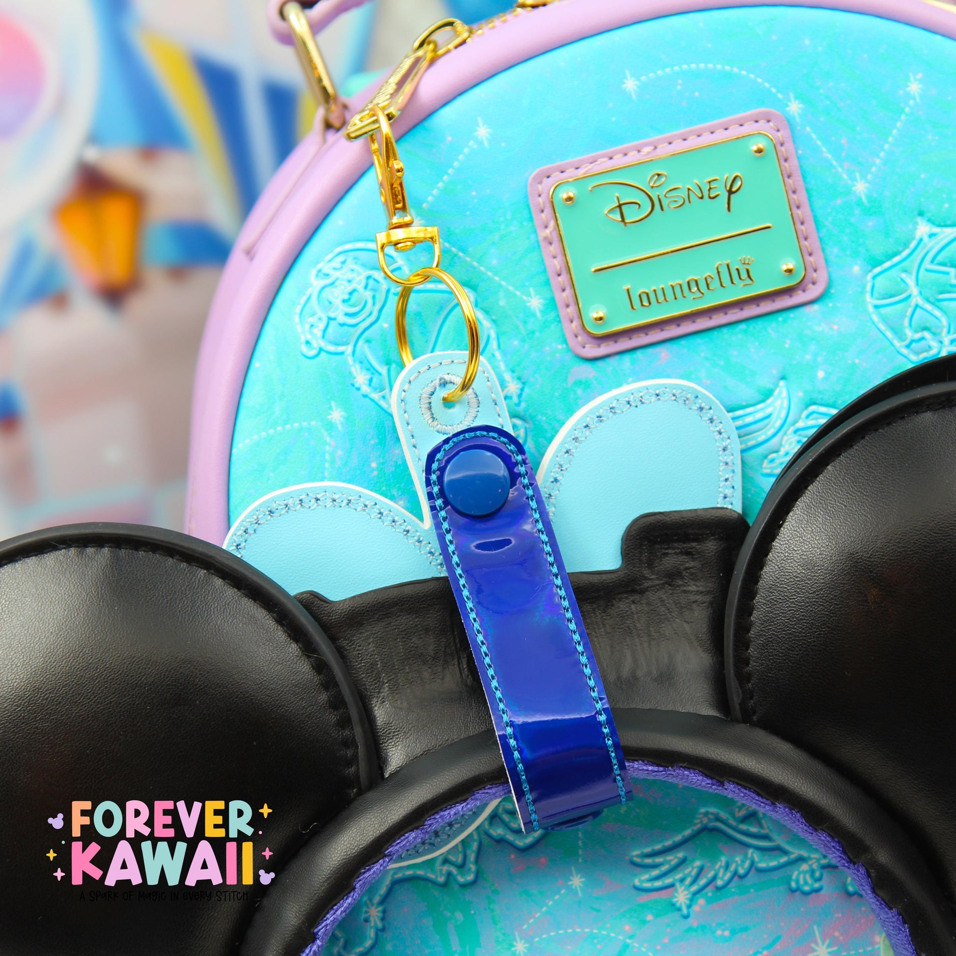 Sorcerer Mouse Bow Ear Holder | Blue Holographic Faux Leather Disney Ear & Hat Holder | Bag Charm for Sunglasses, Popcorn Bucket, Resort Mug