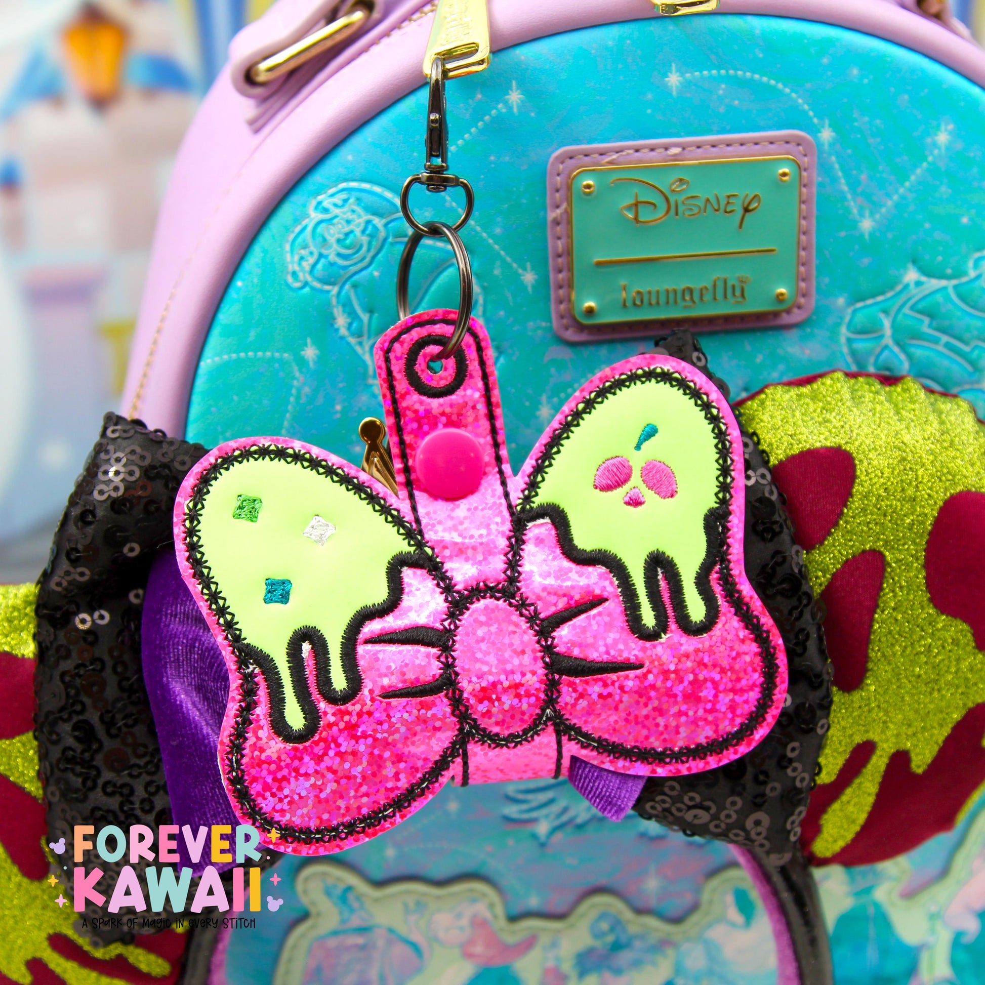 Neon Poison Apple Bow Ear Holder Keychain | Pink Glitter Faux Leather Disney Ear & Hat Holder | For Sunglasses, Popcorn Bucket, Resort Mug