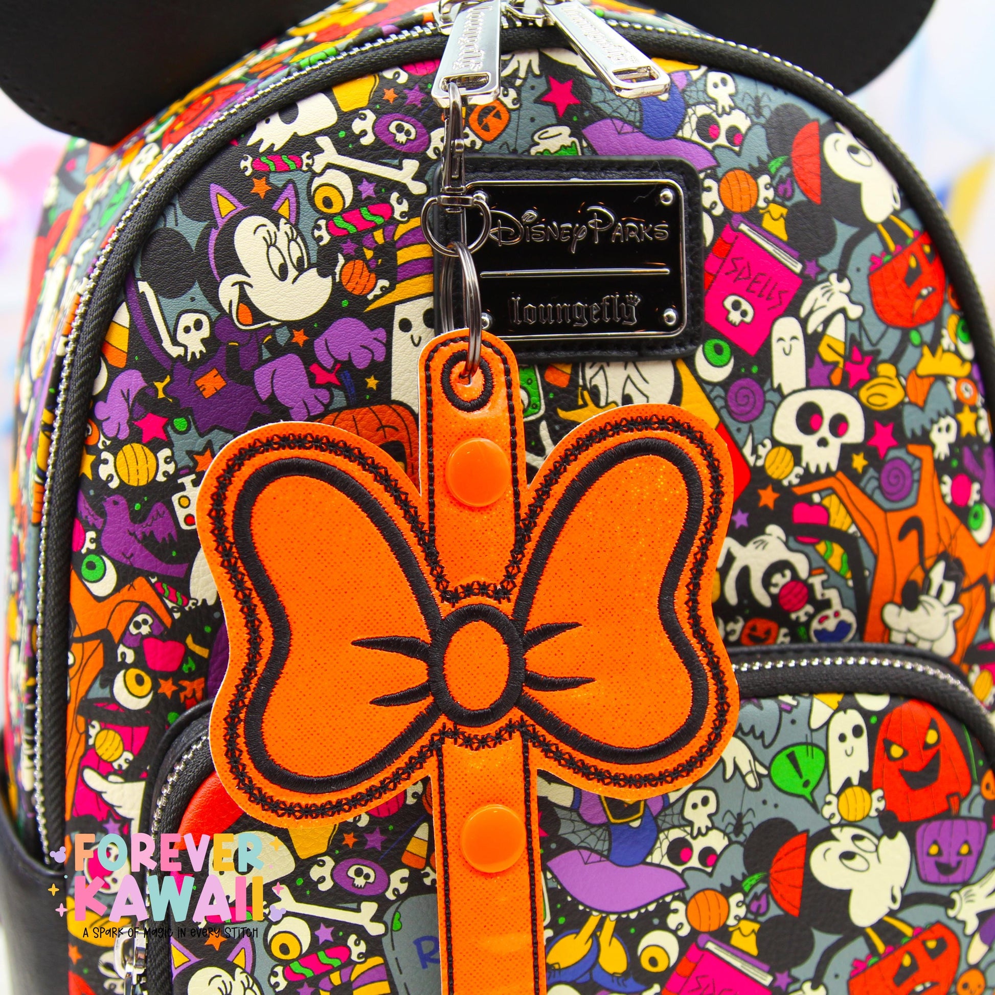 Halloween Bow Ear Holder Keychain | Orange & Black Faux Leather Disney Ear and Hat Holder | Bag Charm Sunglasses, Popcorn Bucket, Resort Mug