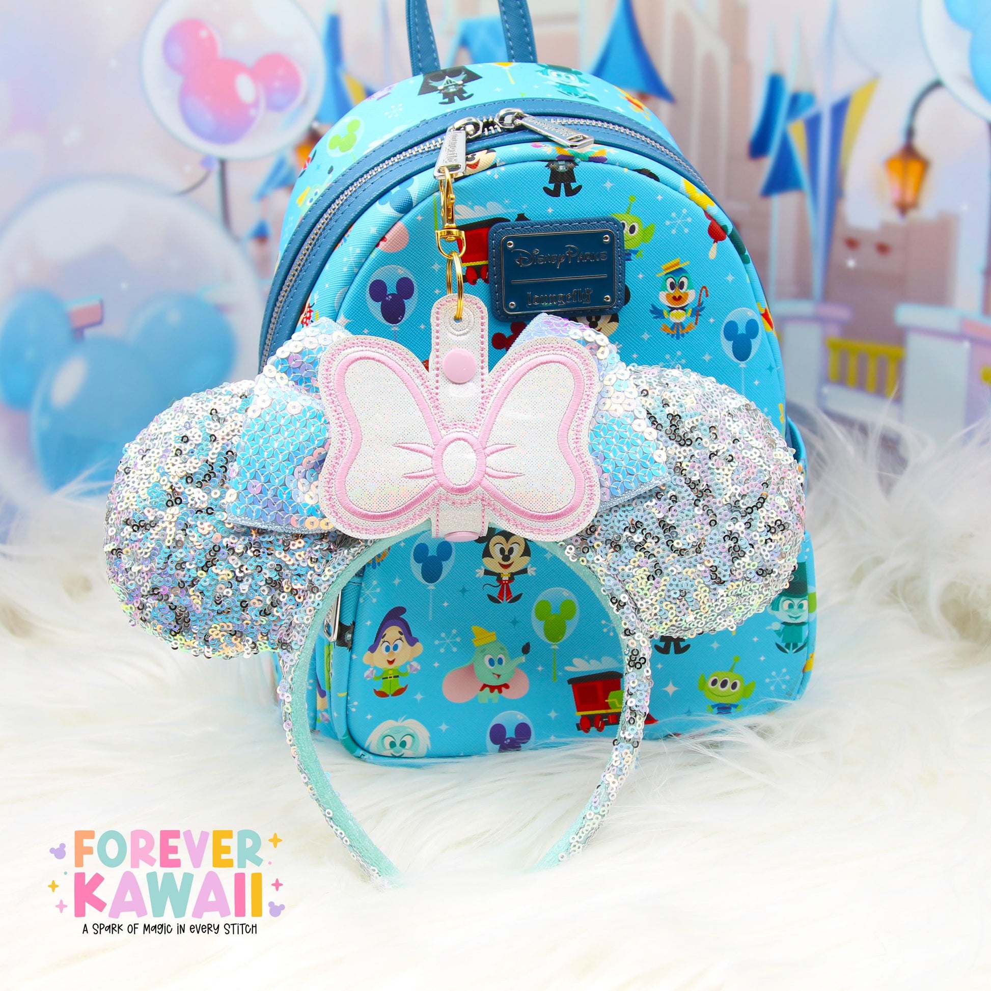 Marie Cat Inspired Bow Ear Holder Keychain | White & Pink Holographic Faux Leather Disney Ear and Hat Holder | Popcorn Bucket, Resort Mug