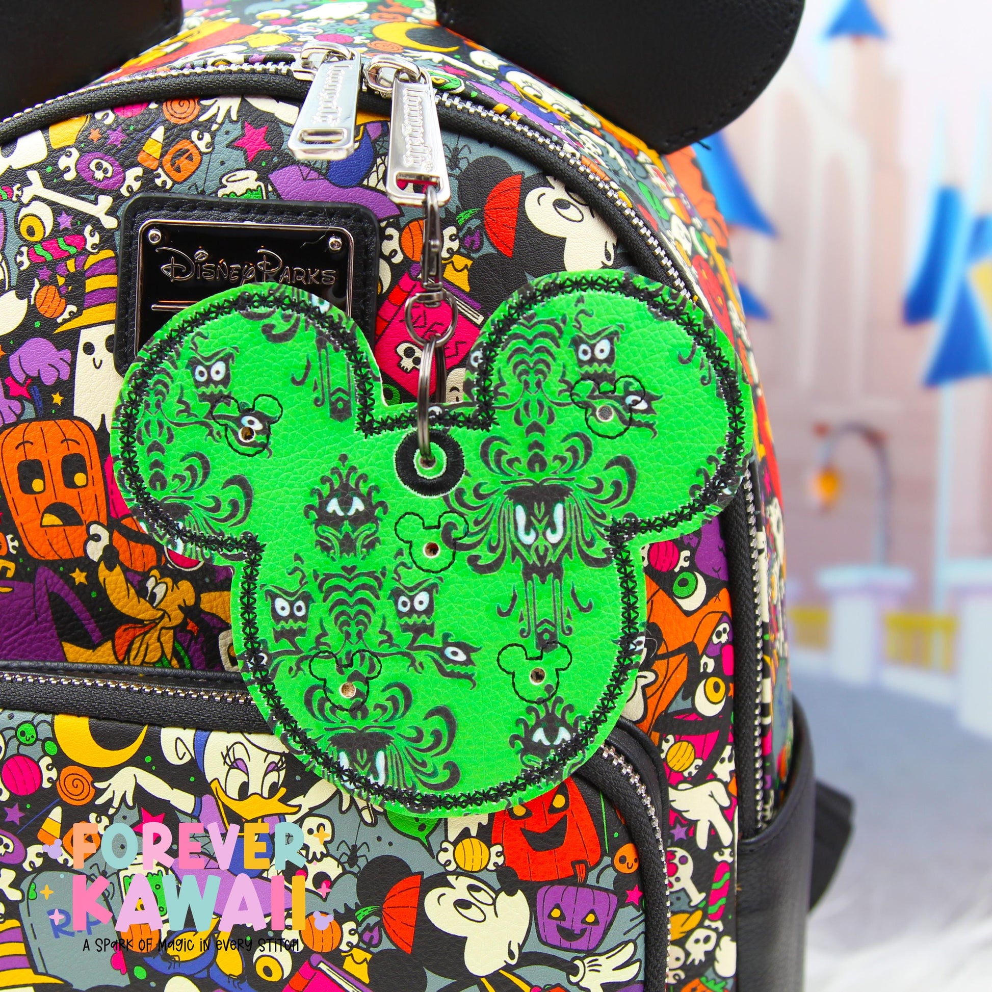 Haunted Mansion Wallpaper Pin Trading Keychain | 5 Pin Holder | Disney Ride-Inspired Bag Charm | Pattern Placement Will Vary | Non-Glitter
